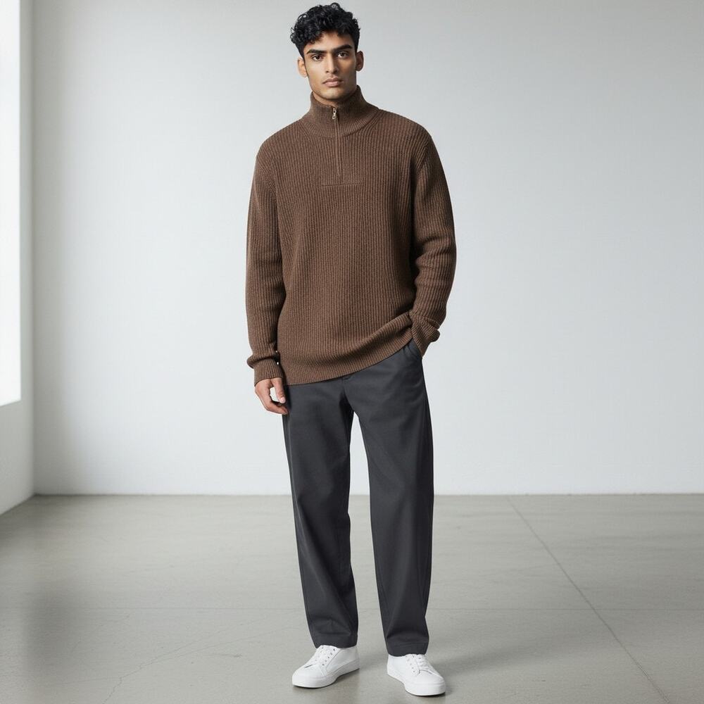 Arrow Men’s L Quarter Zip Sweater Brown Mock Neck Rib Knit Pullover 100% Cotton